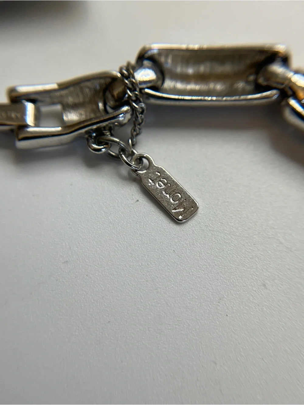 Monet Silver Tone Barrel Link Bracelet Fold Over Clasp Safety Chain Signed 7”